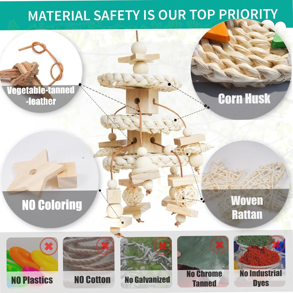 Natural Bird Toy Corn Husk Wood Vine Leather Cord - Image 3