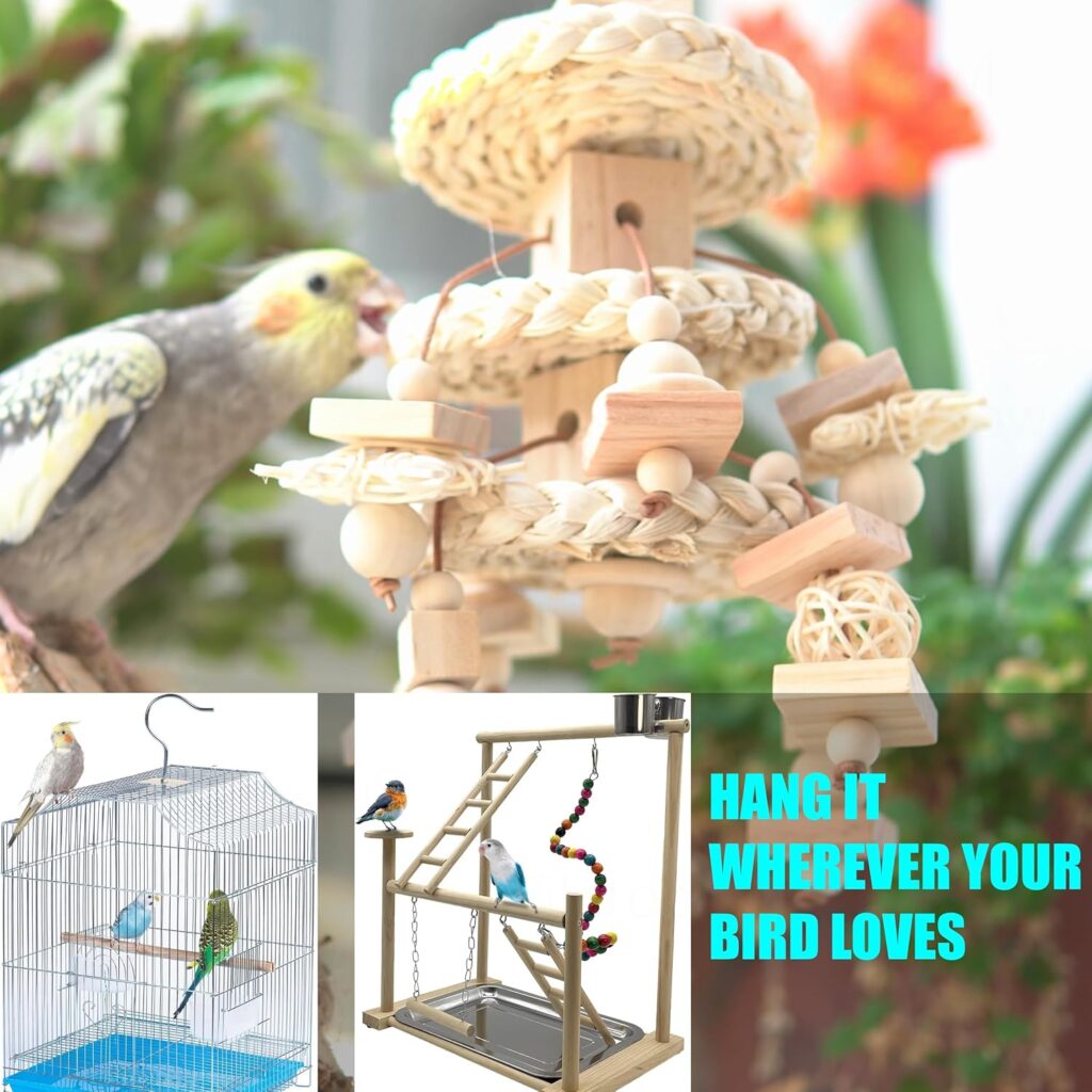 Natural Bird Toy Corn Husk Wood Vine Leather Cord - Image 5
