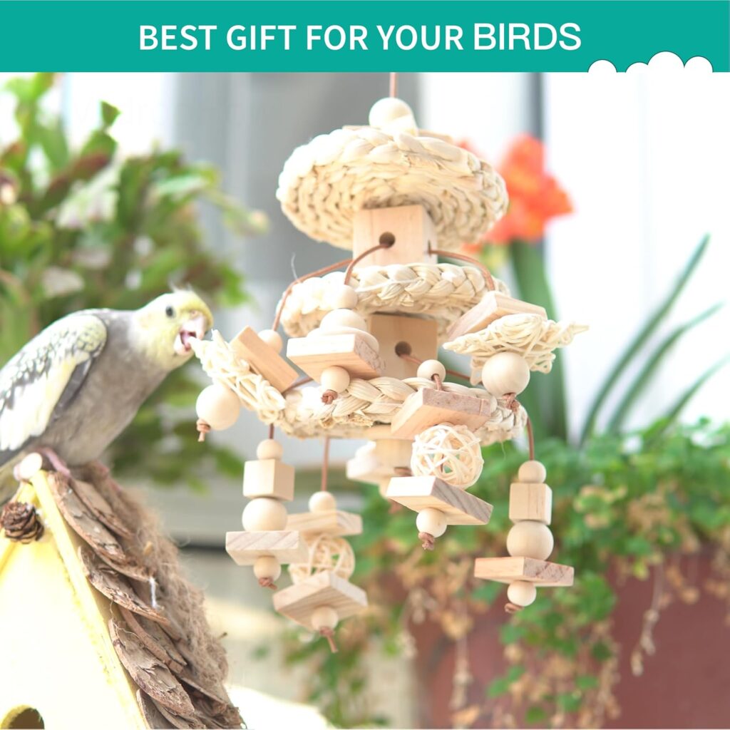 Natural Bird Toy Corn Husk Wood Vine Leather Cord - Image 6